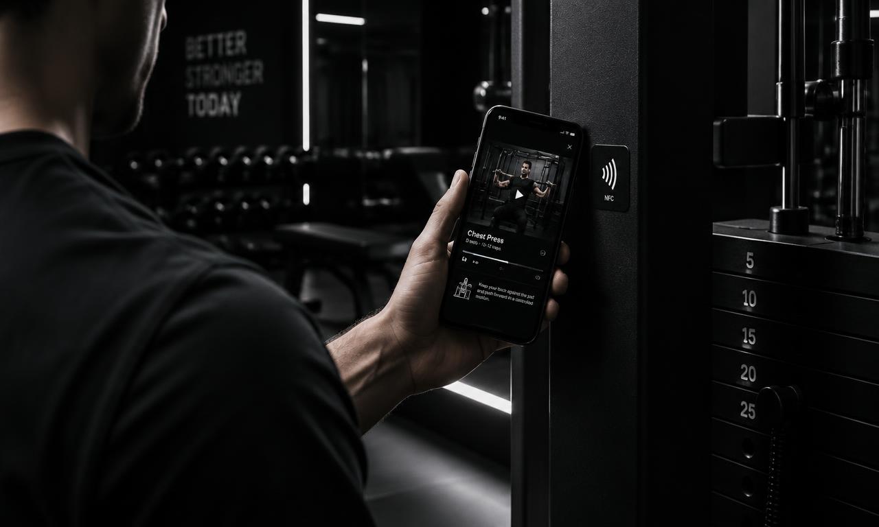 Návštevník fitka prikladá telefón k NFC nálepke na stroji