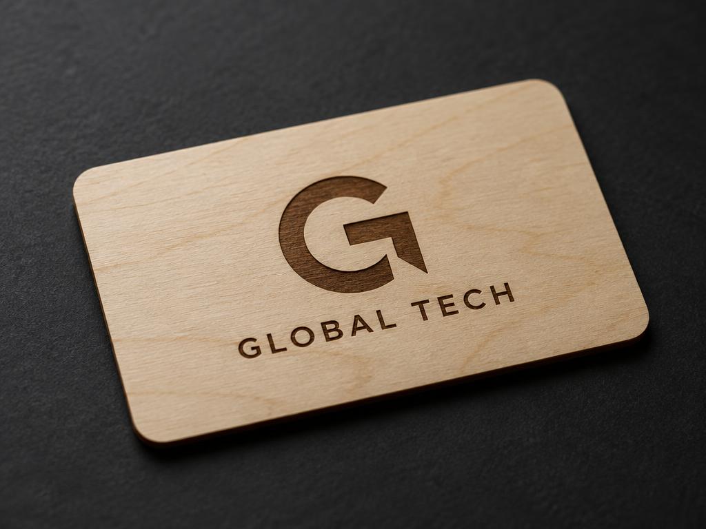 Drevená NFC kartička s vygravírovaným logom G a názvom GLOBAL TECH