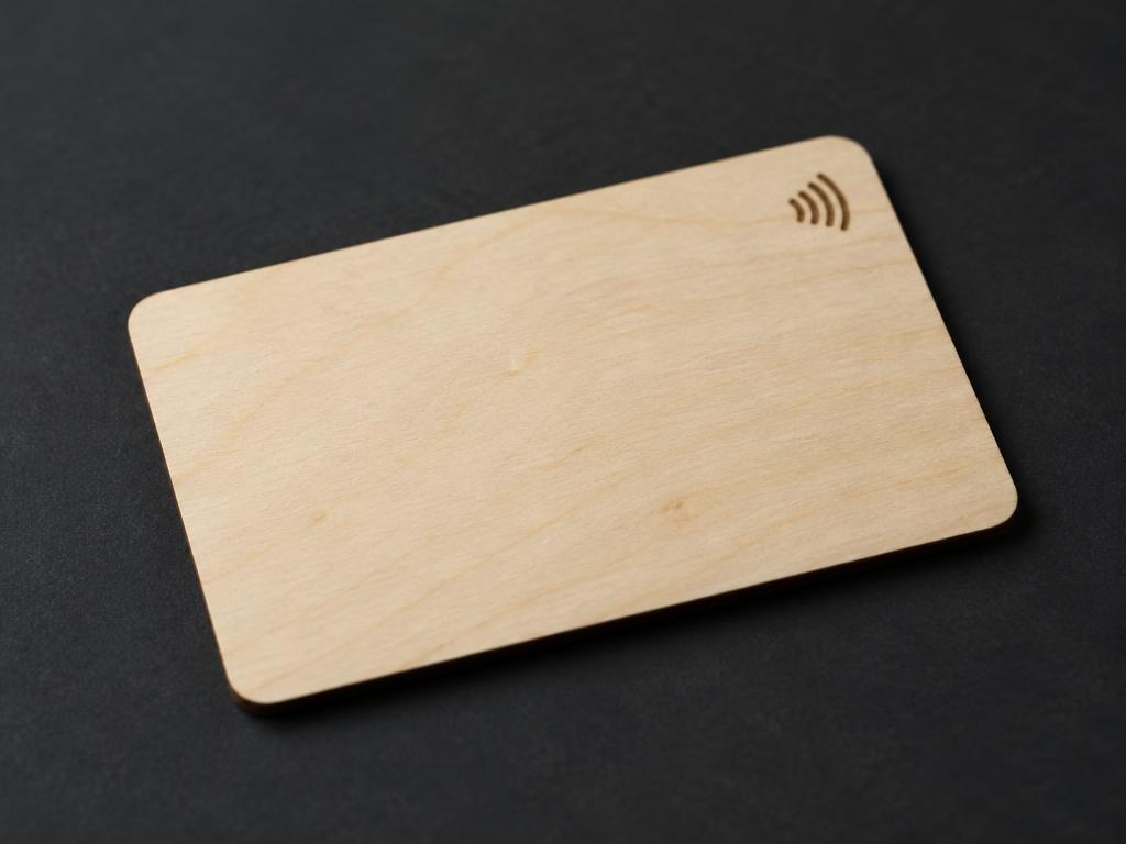 Drevená NFC kartička z brezy s vygravírovaným NFC symbolom, bez loga
